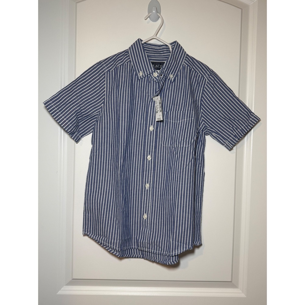 The Childrens Place Boys Blue White Striped Short Sleeve Button Down Shirt 7/8